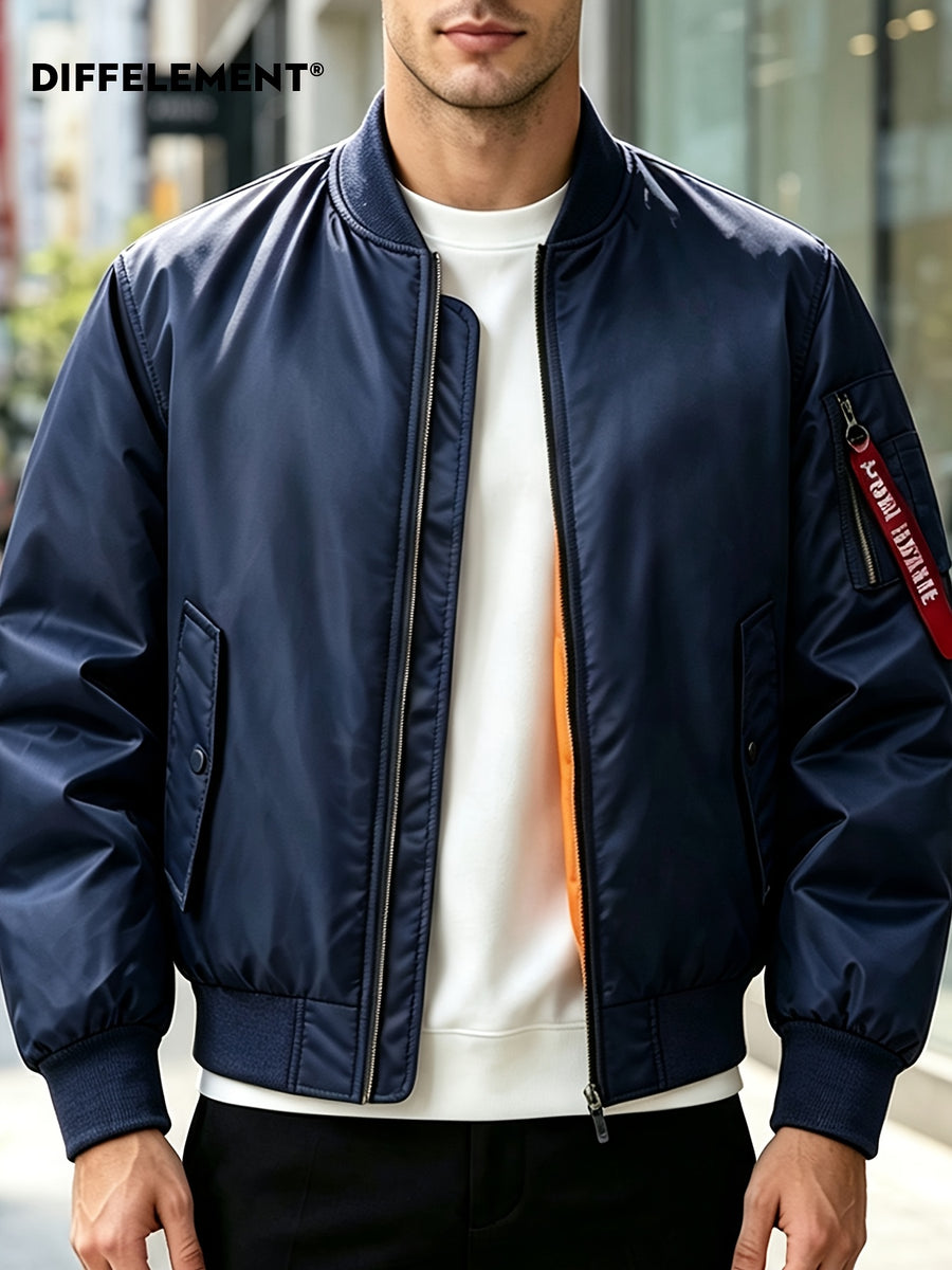 DIFFELEMENT Men's Baseball Collar Flight Jacket, Windproof, Wrinkle-Resistant, Wear-Resistant, Woven Fabric, Smooth Zipper Closure, Ribbed Cuffs and Hem, Sleeves with Pockets, Red Ribbon Accent, Loose Casual Fit, Suitable for Urban Commuting - Blue