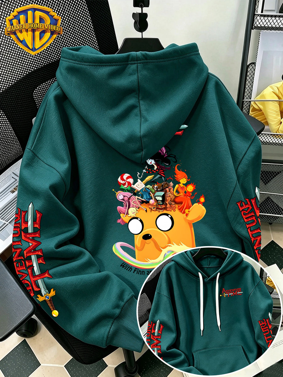 Warner Bros. Men's New Trendy Hoodie with Adventure Time Jake's Head Crowd Cartoon Graphic Print, Casual Hooded Sweatshirt, Daily Drawstring Loose Pullover Top, Machine Washable Versatile Sporty Casual Men's Top - Green