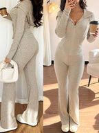 Women's Casual Two-Piece Set with Pockets Hooded Zip-Up Waist Jacket and Ribbed Flared Pants - Khaki