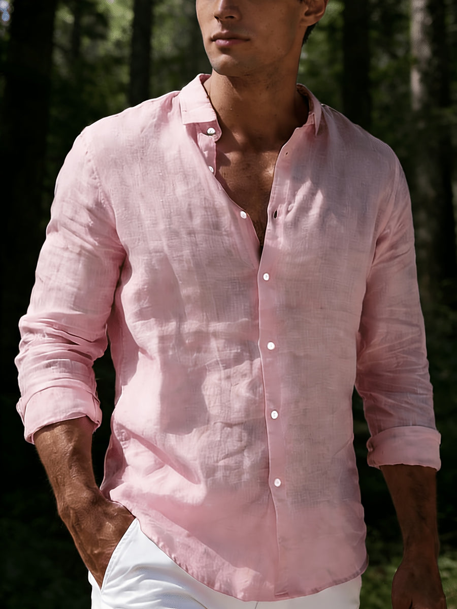 Men's 100% Pure Cotton Lapel Button-Up Long Sleeve Shirt, 2pcs Set. A Versatile Casual Top for Spring and Autumn, Suitable for Daily Wear. The Fabric Is Comfortable and Breathable, Making It Perfect for Beach Vacations and Everyday Outings - Pink+Orange