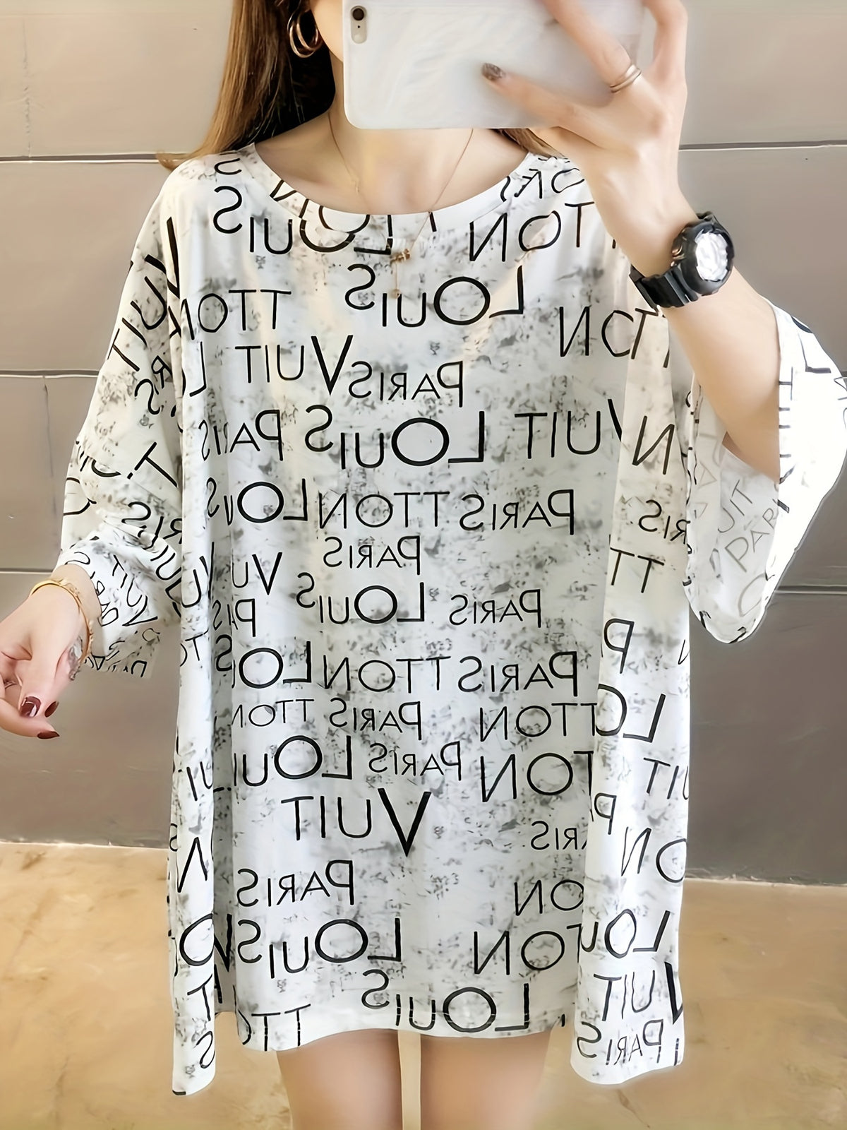 Women's Oversized Casual T-Shirt - Summer Loose Fit Longline Top with Bold Letter Print, Round Neck Short Sleeve, Medium Stretch Fabric, Machine Washable for Spring Summer Fall, Ladies T Shirts, Casual Attire, Trendy Graphic Tee, Stretchy Fabric Tee - 3383-W