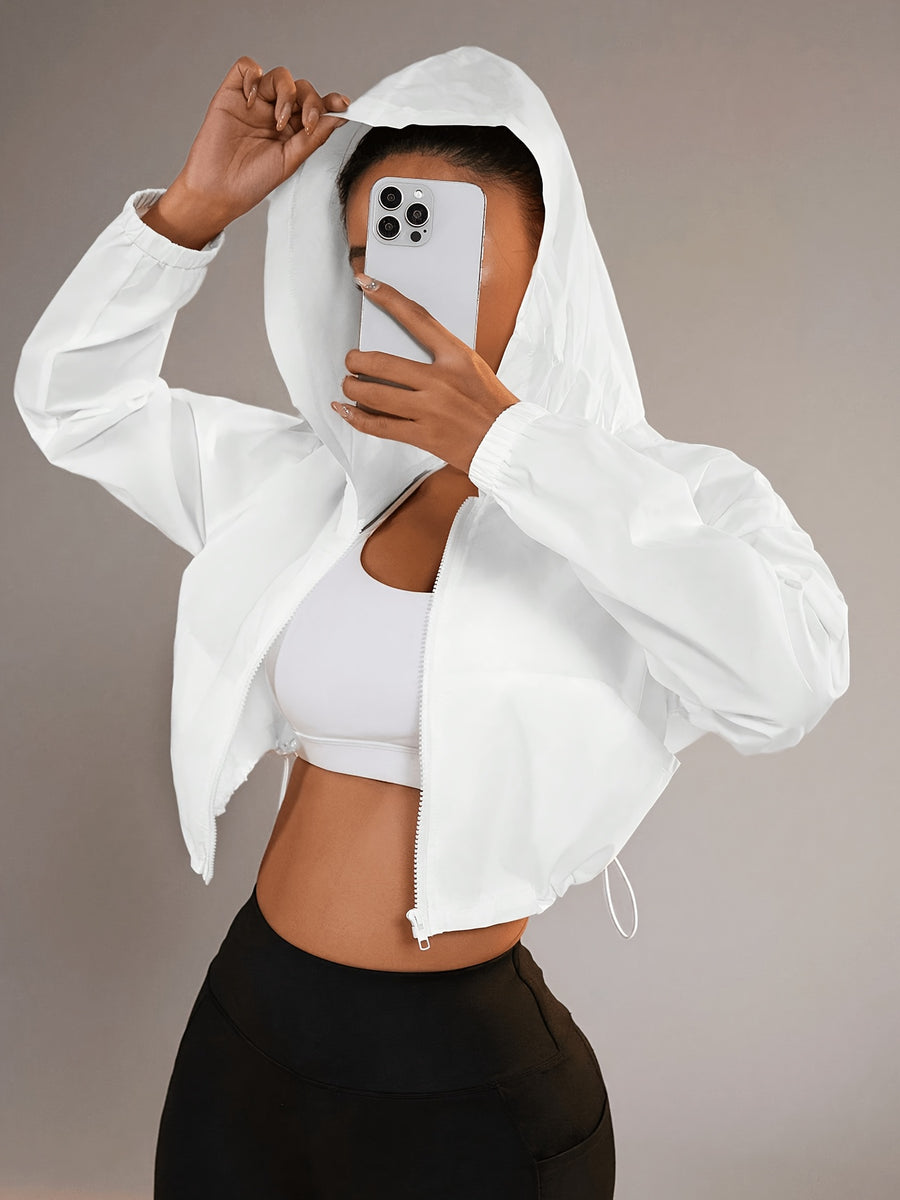 Women's Short Trench Coat with Zipper, Sash Tie, and Drawstring Pockets, a Lightweight Summer Casual Jacket - White