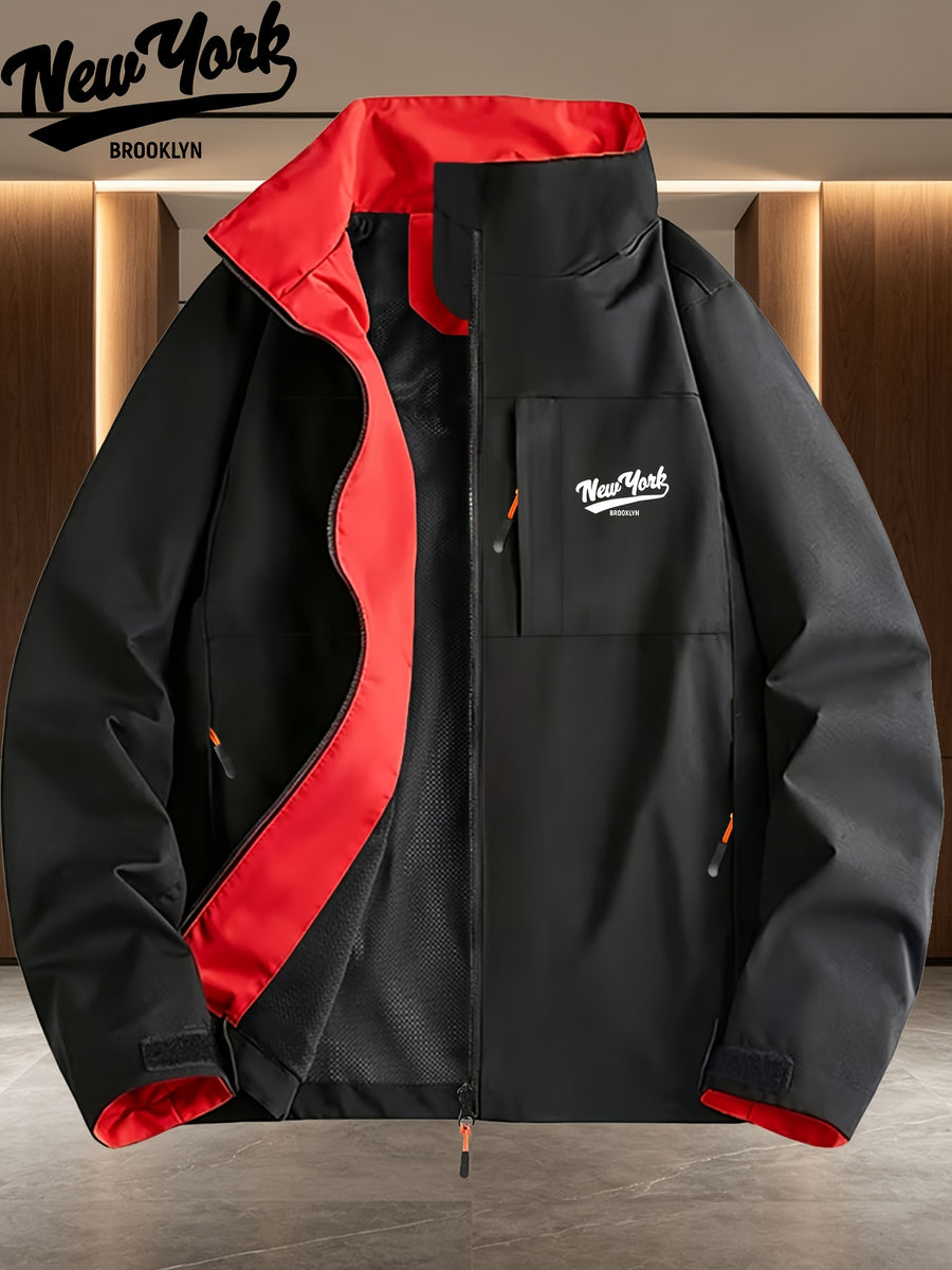 New York Brooklyn Handwritten Letter Print Navy Blue Lined Stand Collar Windproof Jacket for Men and Women, Spring/Autumn White Multi-Pocket Outdoor Windbreaker - Black