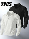 Men'S Fashion Summer Casual Vacation Zipper Sweatshirt, Casual Home Comfortable Long Sleeve 2pcs Set, Zipper Collar Jacquard Sweatshirt Men'S Clothing - Black+White
