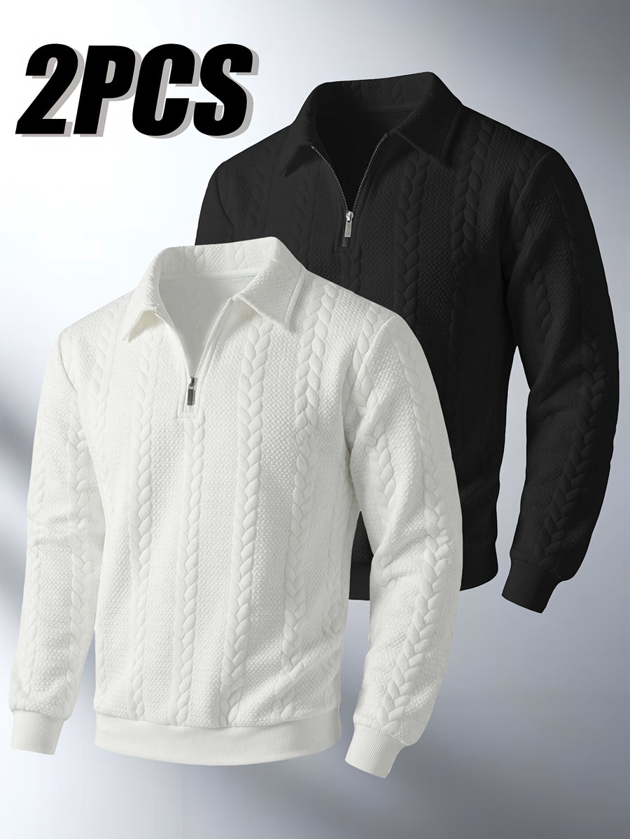 Men'S Fashion Summer Casual Vacation Zipper Sweatshirt, Casual Home Comfortable Long Sleeve 2pcs Set, Zipper Collar Jacquard Sweatshirt Men'S Clothing - Black+White