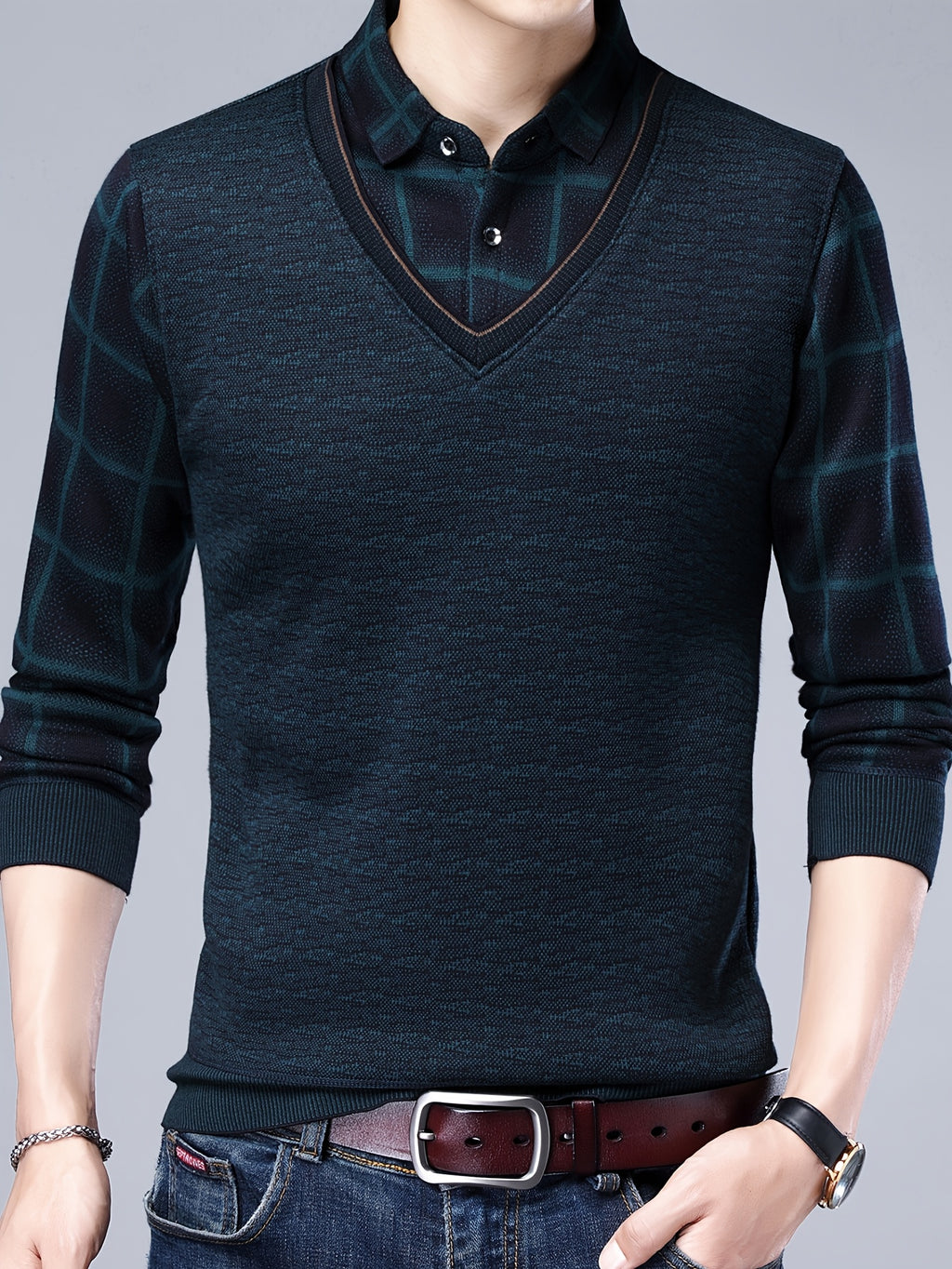 Spring/Autumn New Men's V-Neck Polo Shirt, Plaid Patchwork Long Sleeve, Business Casual 2-in-1 Look Pullover Base Layer Men's Apparel - Green