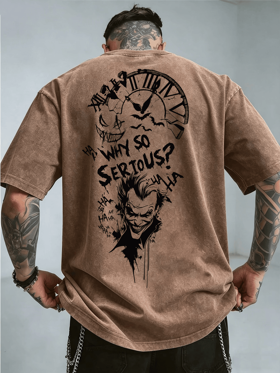 Licensed by WB Warner, Men'S Retro Old 100% Washed Crew Neck T-Shirt, DC Batman Joker Why So Serious Sketch Graffiti Design, Loose Version, Men'S Casual Versatile Loose T-Shirt, Suitable for Daily Wear Outdoor Sports - Coffee Color