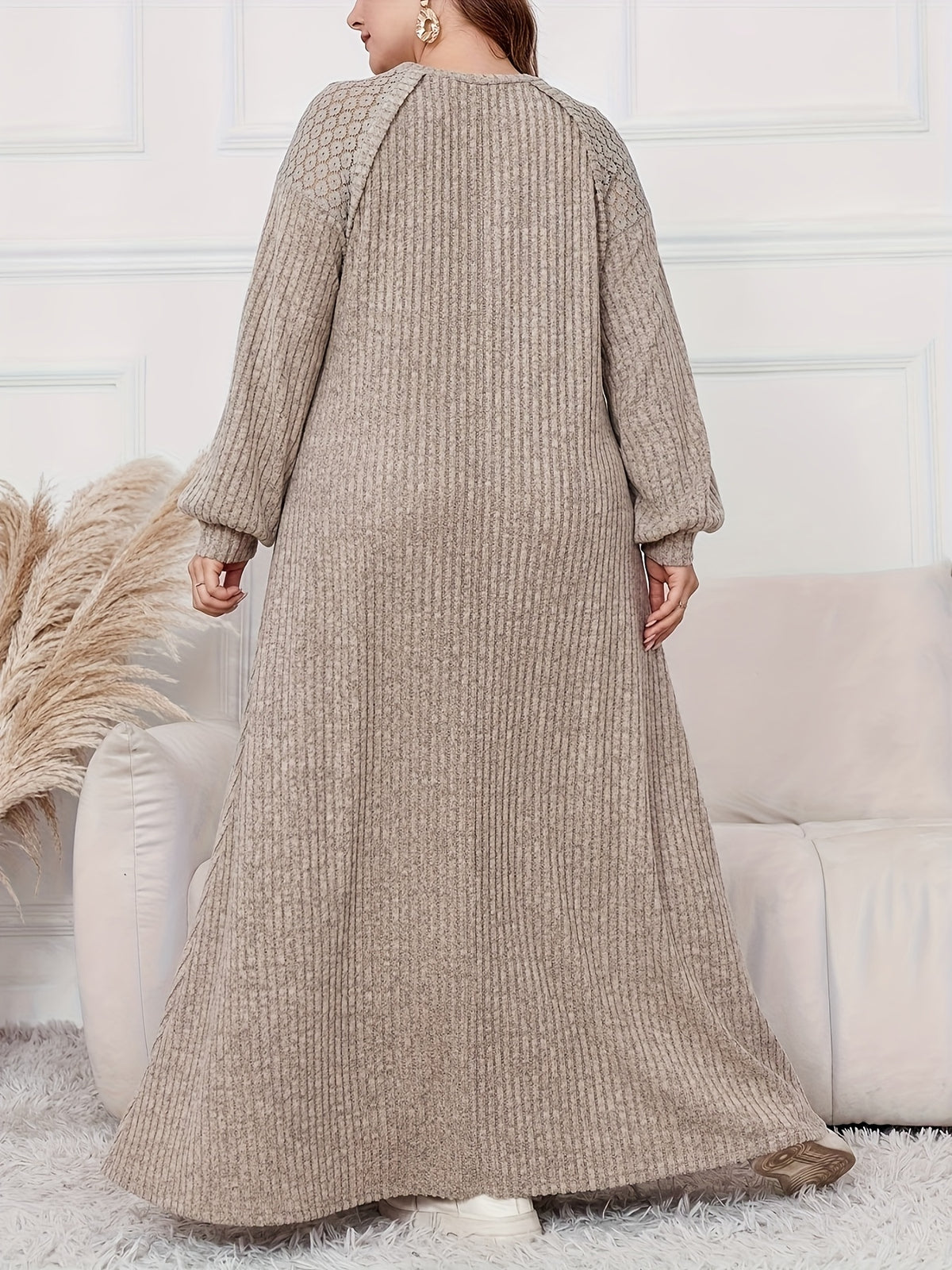 Plus Size, Women's Plus Size Elegant Maxi Dress - Long Sleeve Round Neck H-Line Dress with Wide Hems, All-Season -Length Gown for Weddings, Parties & Casual Attire, Machine Washable (Middle East Collection) - In Stock - Khaki