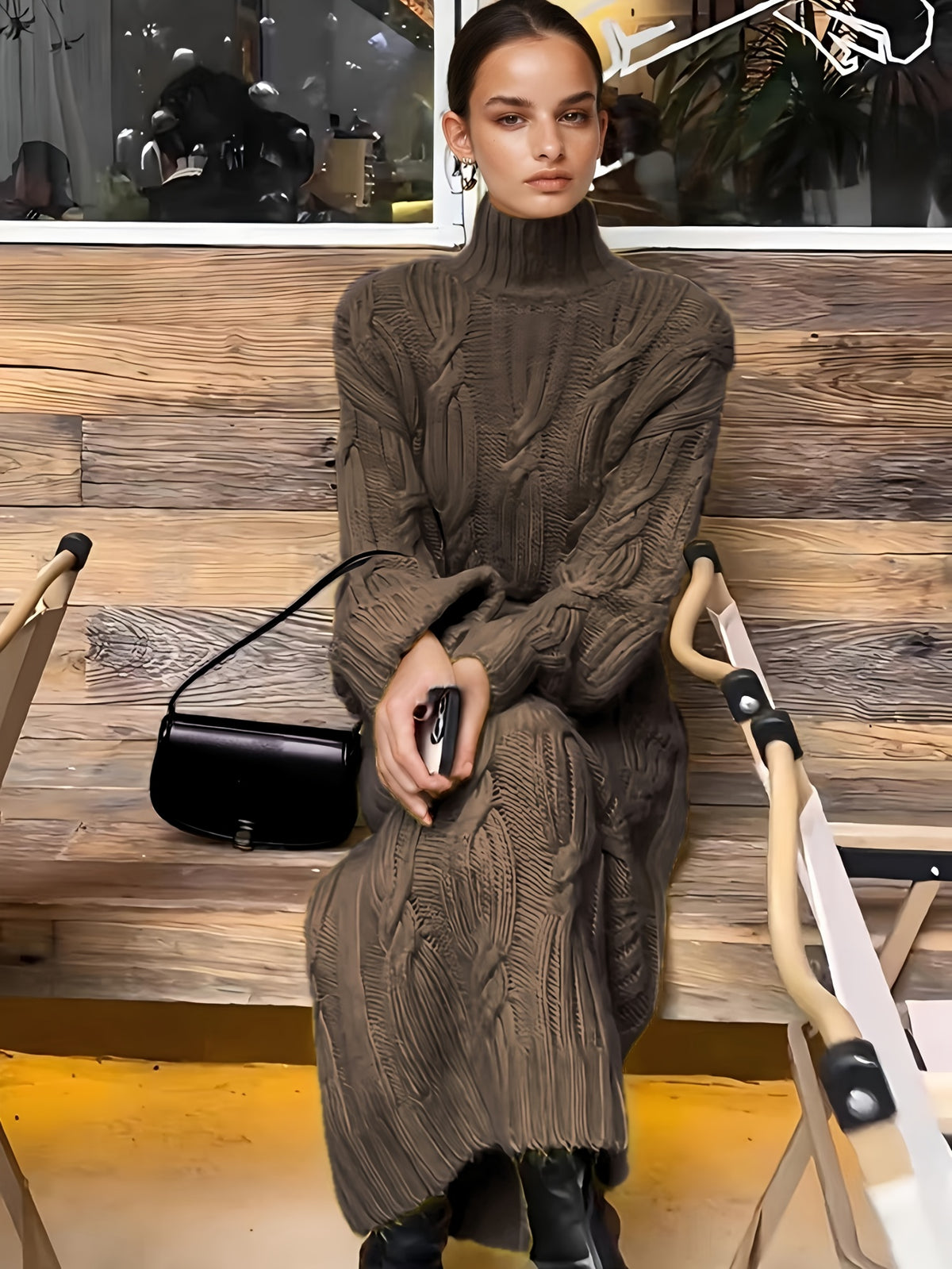 Women's Elegant Vintage Maxi Dress with High Neck & Twisted Rope Neckline - Loose A-Line H-Line Long Sleeve Dress for Fall/Winter Weddings, Parties, Special Occasions - Solid Color Dress in traditional fitting (No Padding/) - Coffee Color