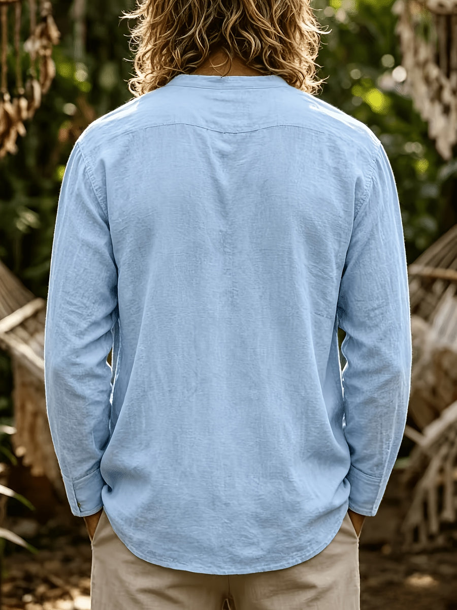 Men's Fashion And Linen Blend Breathable Comfortable Casual Stand Collar Long Sleeve All-Season Shirt, Autumn Menswear - Sky Blue