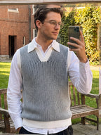 Western Men'S Urban Easy Business Style, Thick Warm Retro Color-Block Vertical Stripe Polo Neck Knit Vest, Spring/Autumn All-Match Layering Sweater Waistcoat - White