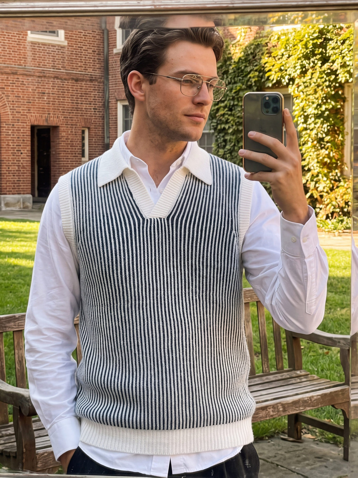 Western Men'S Urban Easy Business Style, Thick Warm Retro Color-Block Vertical Stripe Polo Neck Knit Vest, Spring/Autumn All-Match Layering Sweater Waistcoat - White