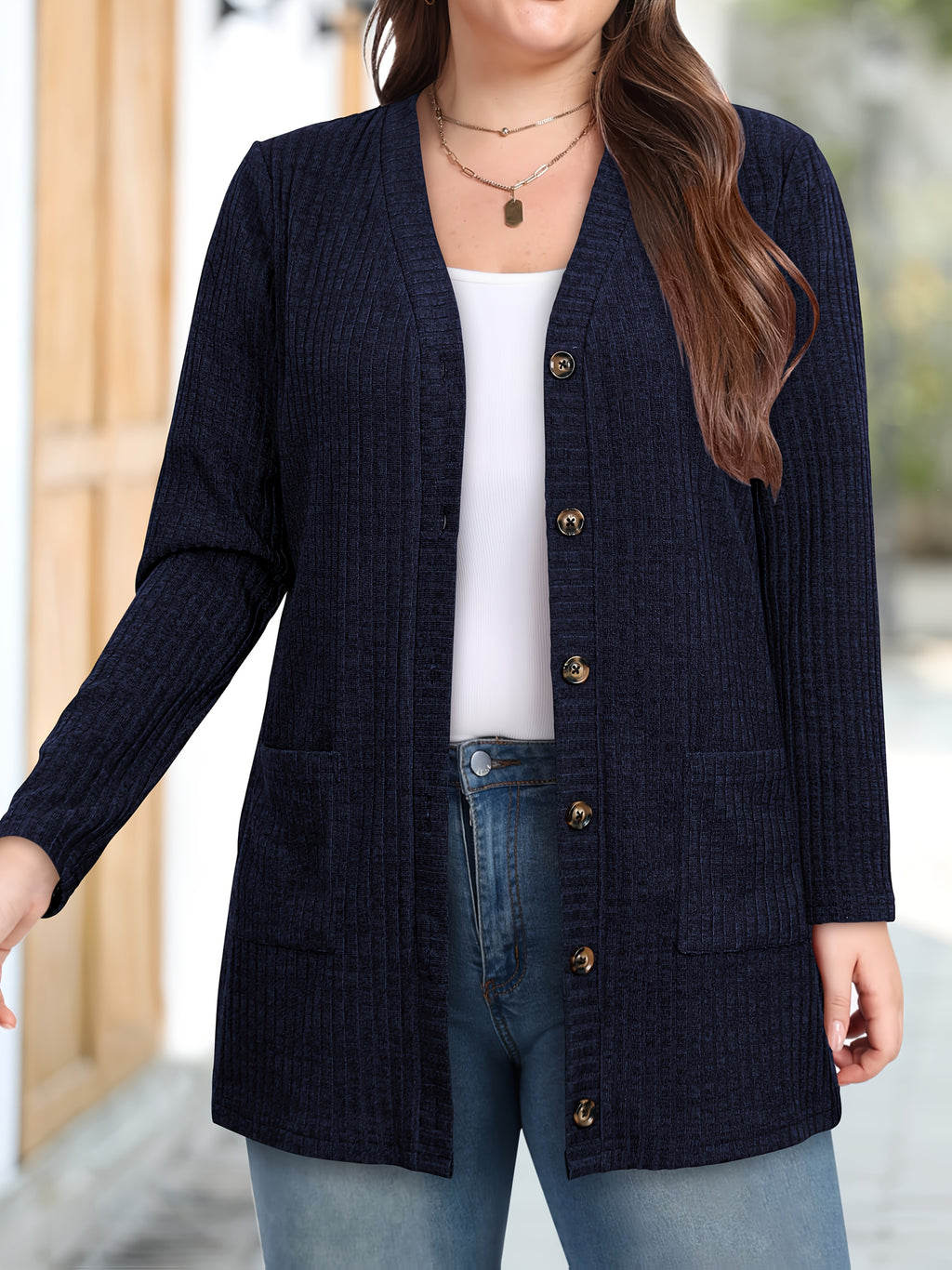 Women's Fashion Warm Cardigan with Pockets - Navy Blue-2