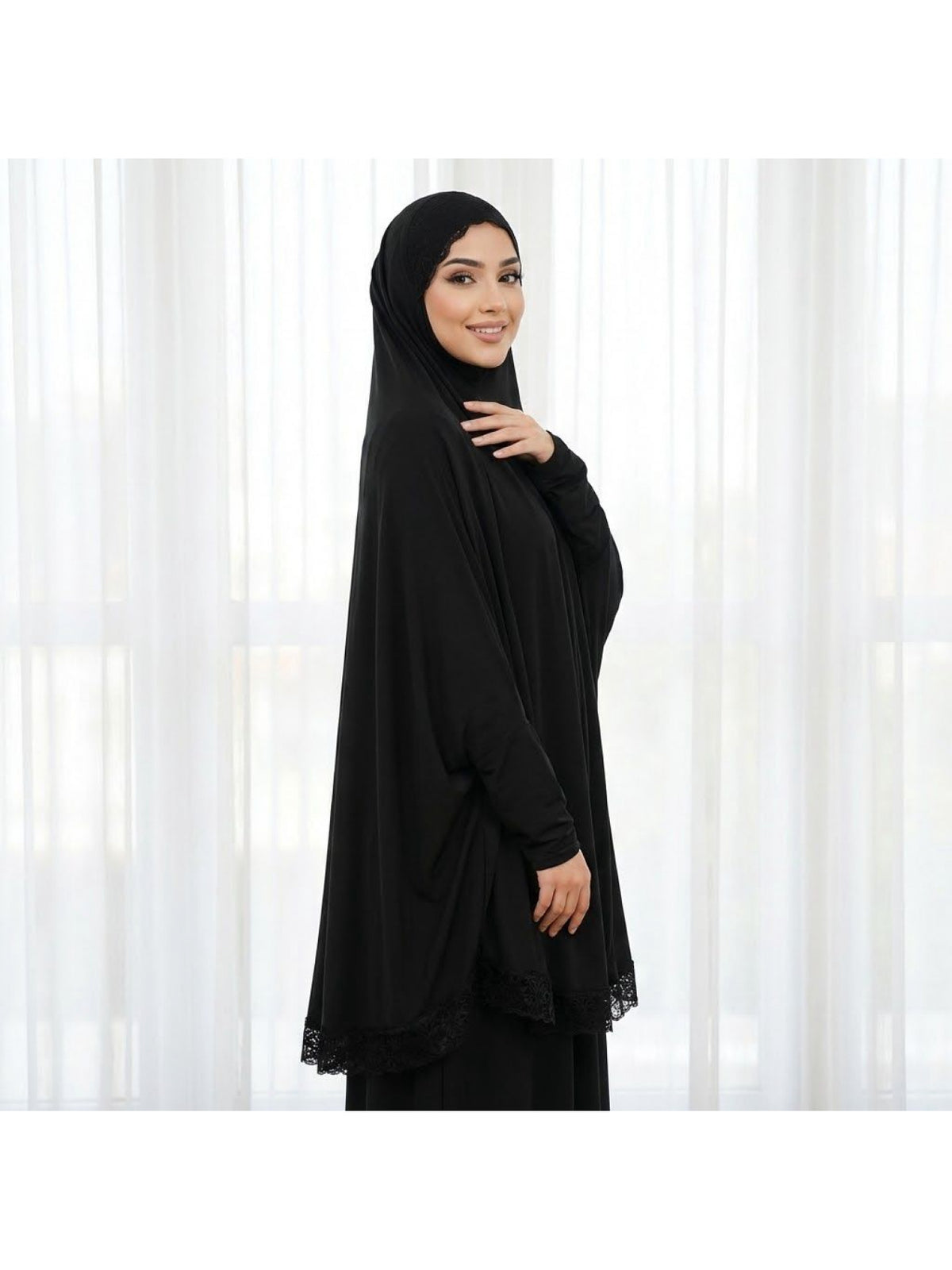 1pc Muslim Women Elegant Lace Trim Double Headscarf Long Sleeve Loose Headscarf Robe - Lightweight Breathable Quick-Drying Festival Prayer Robe, Lace Trim Double Headscarf Suitable for Eid Al-Fitr, Daily Wear And Outdoor, Quick-Drying Headwear - Black