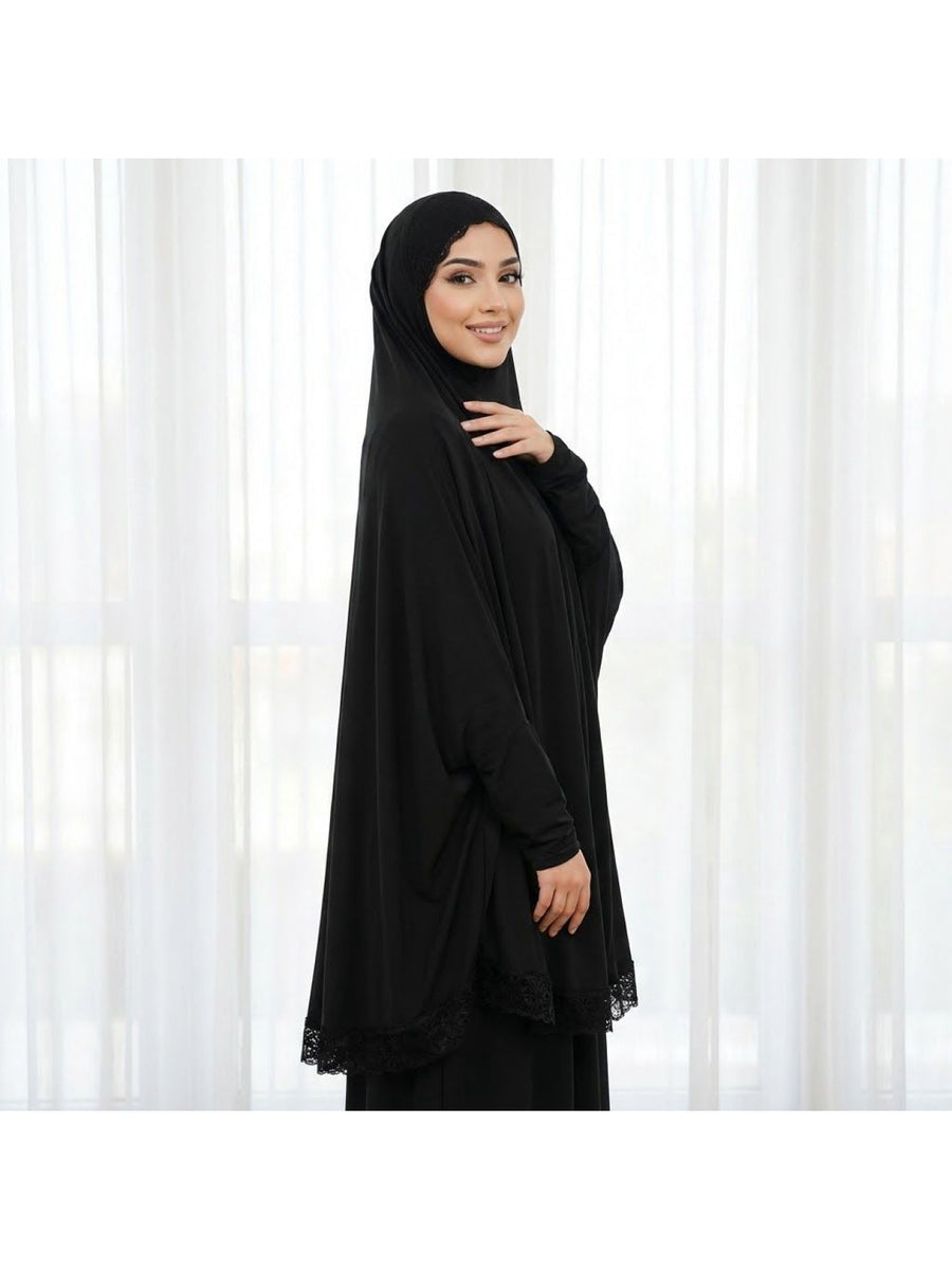 1pc Muslim Women Elegant Lace Trim Double Headscarf Long Sleeve Loose Headscarf Robe - Lightweight Breathable Quick-Drying Festival Prayer Robe, Lace Trim Double Headscarf Suitable for Eid Al-Fitr, Daily Wear And Outdoor, Quick-Drying Headwear - Black