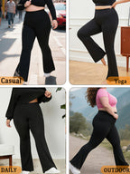 Plus Size Women's Super Soft High Waisted Flare Pants, Leggings Tummy Control Soft Bootleg Bell Bottoms - Black