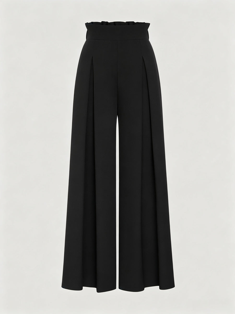 Women'S Dusty Blue Striped Trousers, High-Waist Elegant Summer Commuter Casual Pleated Elastic Waist Wide-Leg Pants, Suitable for Spring And Autumn - Black