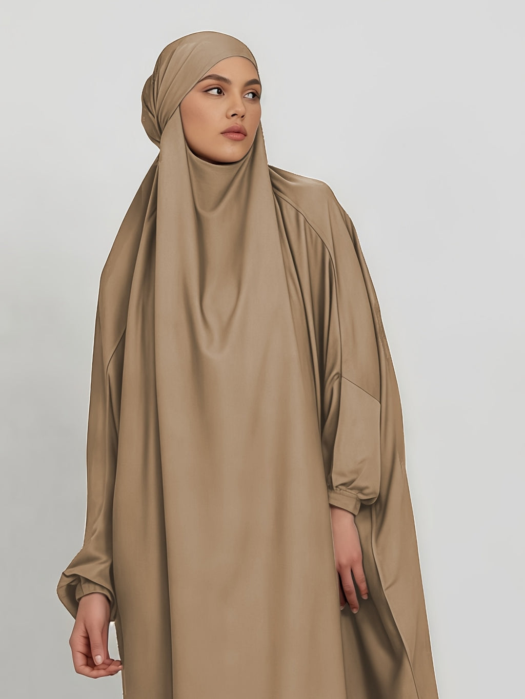 1pc Jilbab, 1pc Khimar with a Rich Drape, Cuffed Sleeves, and a Loose Fit, Suitable for Busy Daily Wear or Worship - Khaki
