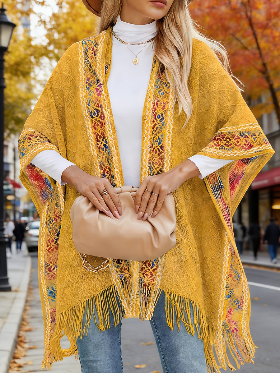 Elegant Special Edition 'Net Body Bust' Vacation Style 1pc Women's Diamond Jacquard Hooded Cape Cardigan, Vintage Ethnic Style Solid Color Tassel Fashionable Elegant European and American Style Warm Sweater Coat, Suitable for Spring, Autumn - Golden Yellow