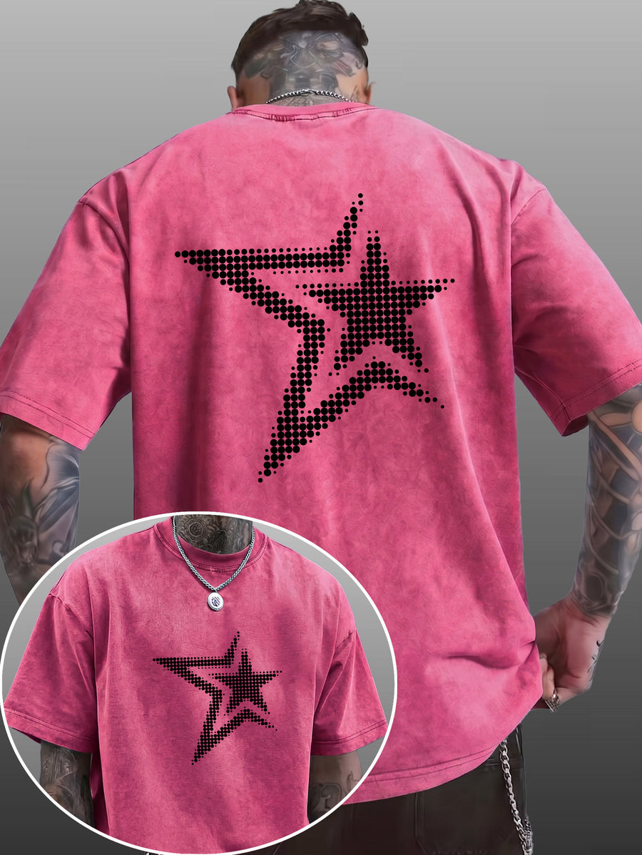 Men's Short-Sleeve T-Shirt, Pure Cotton Loose Fit Washed Distressed Half-Sleeve Top, Dot Matrix Overlapping Double Five-Star Trendy Reverse Double-Sided Print, Multiple Colors for Mix & Match, American Streetwear High Street Hip-Hop Y2K National - Rose Red