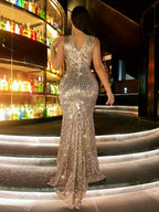 New Fashionable Women's Spring/Summer High-End Sequin Off-Shoulder Backless Waist-Cinching Mermaid Long Dress, Evening Gown for Prom, Party, Slim-Fit, Gorgeous, Elegant, and Graceful Dress, Wedding Guest Attire, Prom Evening Gown, Music Festival - Champagne