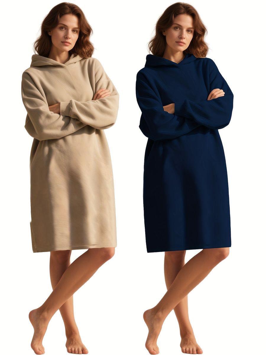 2pcs Long Casual Hooded Dress Set - Blue + Apricot