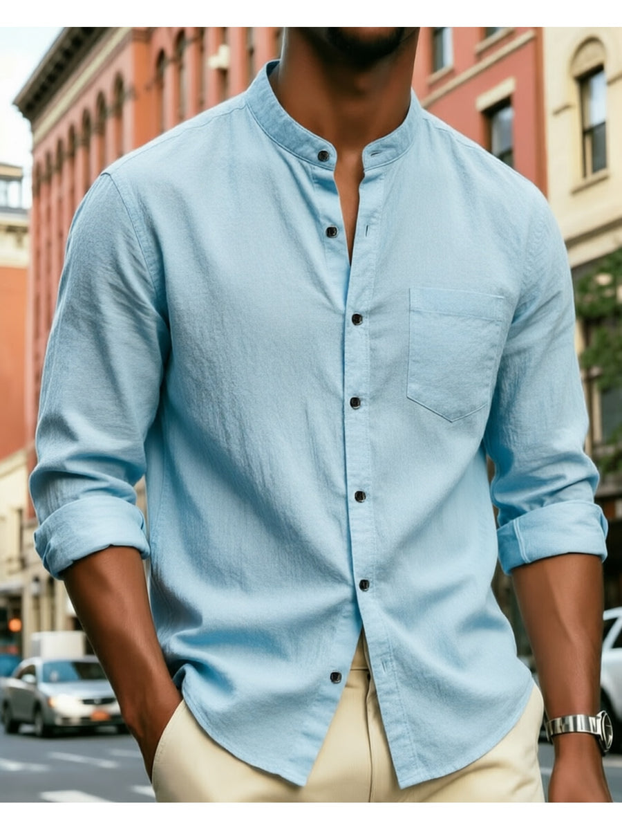 5pcs Men's  Long-Sleeve Shirts - Lightweight and Breathable Fabric with Pockets, Suitable for Summer Outdoor Walks and Vacation Wear, Ideal Gift, Casual Style, Durable Construction, Essential Travel Set - Sky Blue
