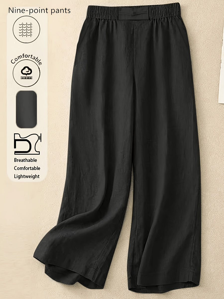 Women's Straight-Leg Ankle Pants with Button Closure & Detail - Loose-Fit Trousers Suitable for Seasons, Solid Color Casual to Dressy Wear, Machine Washable Non-Stretch Pants for Office, Everyday Outfits - Black