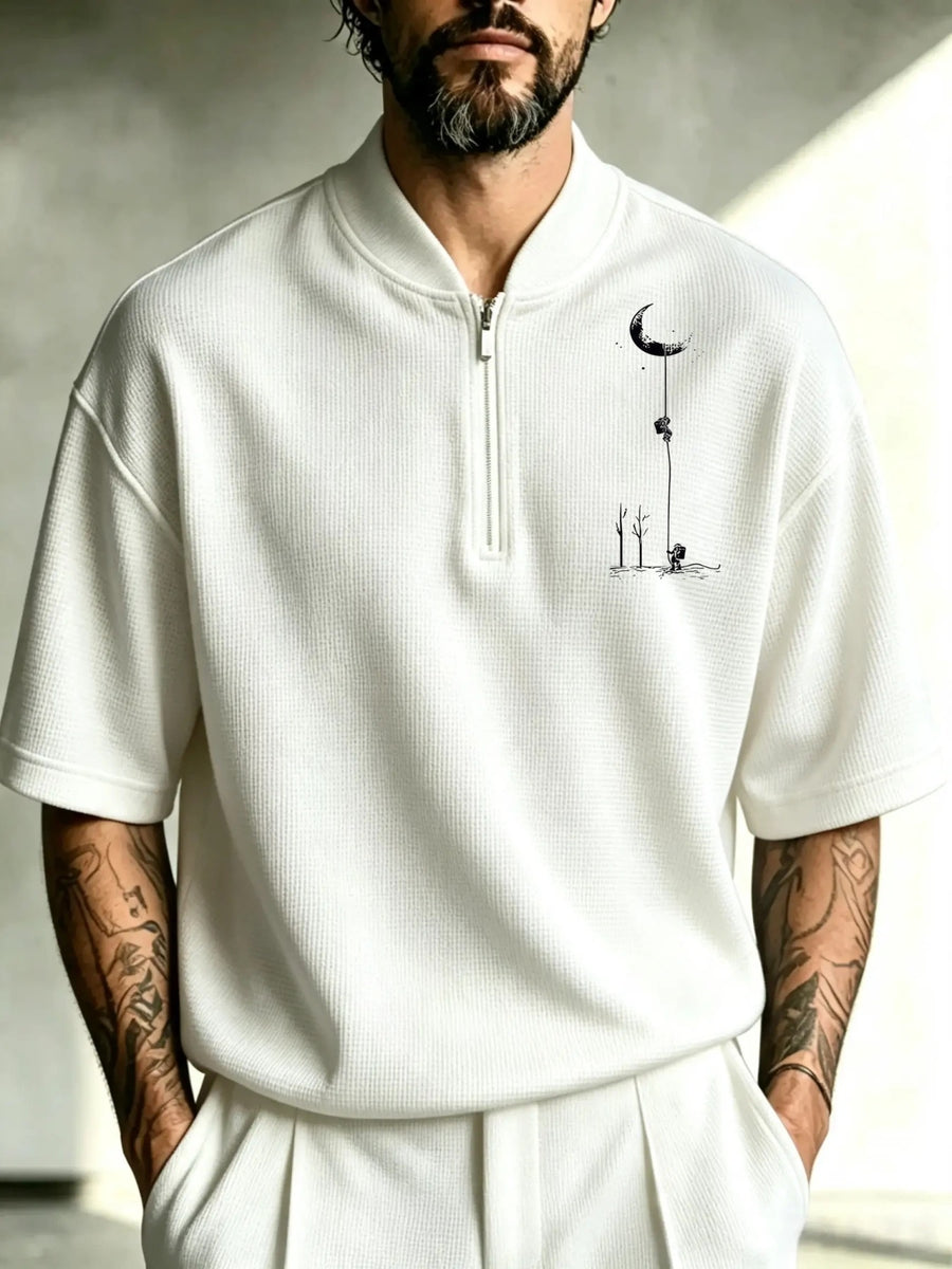 Men's Loose Fit Waffle Knit Half-Zip T-Shirt with Stand Collar & Minimalist Climbing Print - Breathable Zippered Short Sleeve Top Suitable for Outdoor Sports, Casual Wear, Climbing,, Gym - Machine Washable Spring/Autumn Layering - White