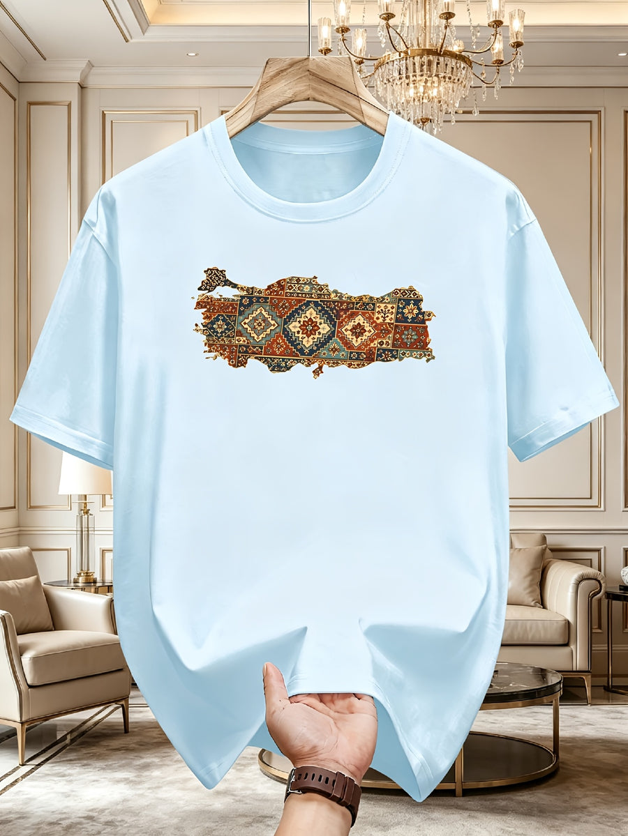 New Pure Cotton Retro Mens Tshirt with National Geometric Carpet Pattern Comfortable and Soft Home Clothes Suitable for Daily Wear and Home Office Clothing Suitable for All Seasons - Sky Blue