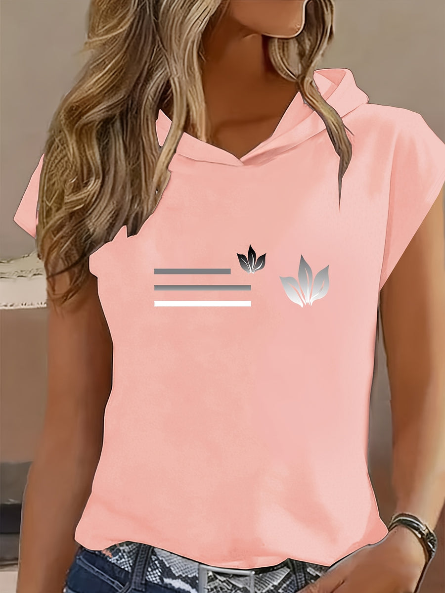 1pc Minimalist Black And White Butterfly Cold Style Advanced Print Y2K Style Women'S Sportswear Hooded Loose Design Soft And Comfortable Top Elegant Fashionable T-Shirt Hooded Short Sleeve - pink