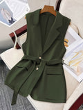 2026 New Light Luxury Matte Texture Waist-Cinching Belted Sleeveless Blazer, Versatile Mid-Length Commuter Suit Jacket for a Flattering Figure - Military Green