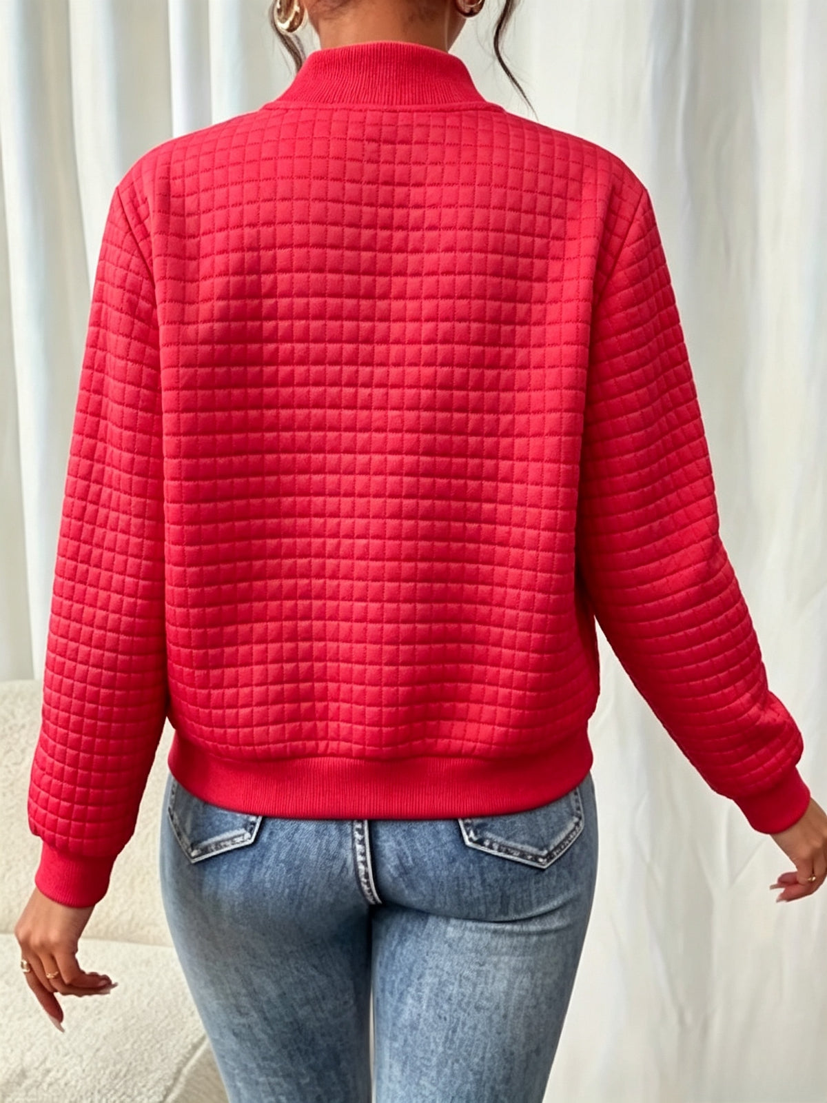 Easy Temperament Checkered Embossed Jacket, Casual All-Match Commute Loose Short Stand-Up Collar Coat Women'S - Red