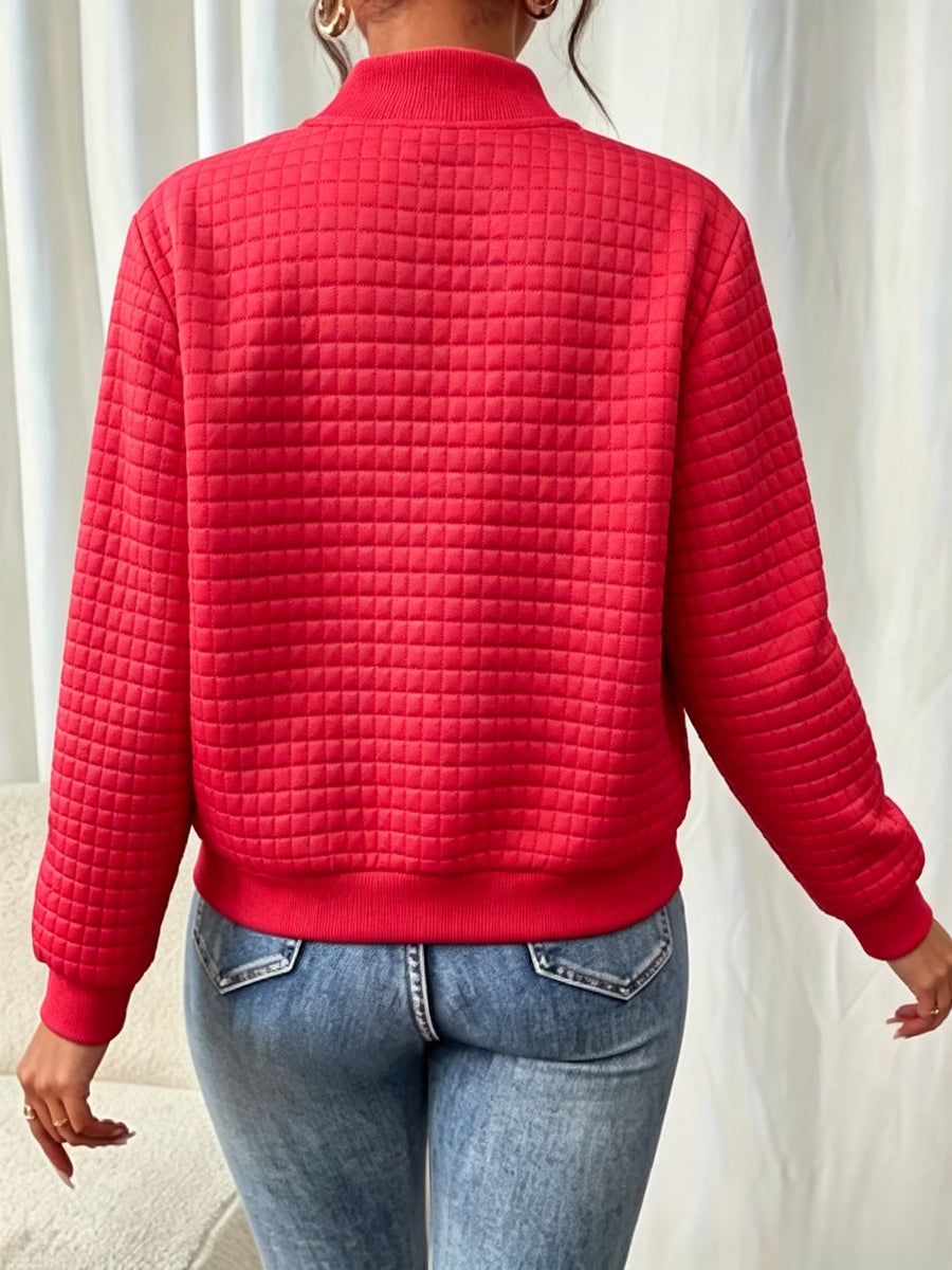 Easy Temperament Checkered Embossed Jacket, Casual All-Match Commute Loose Short Stand-Up Collar Coat Women'S - Red