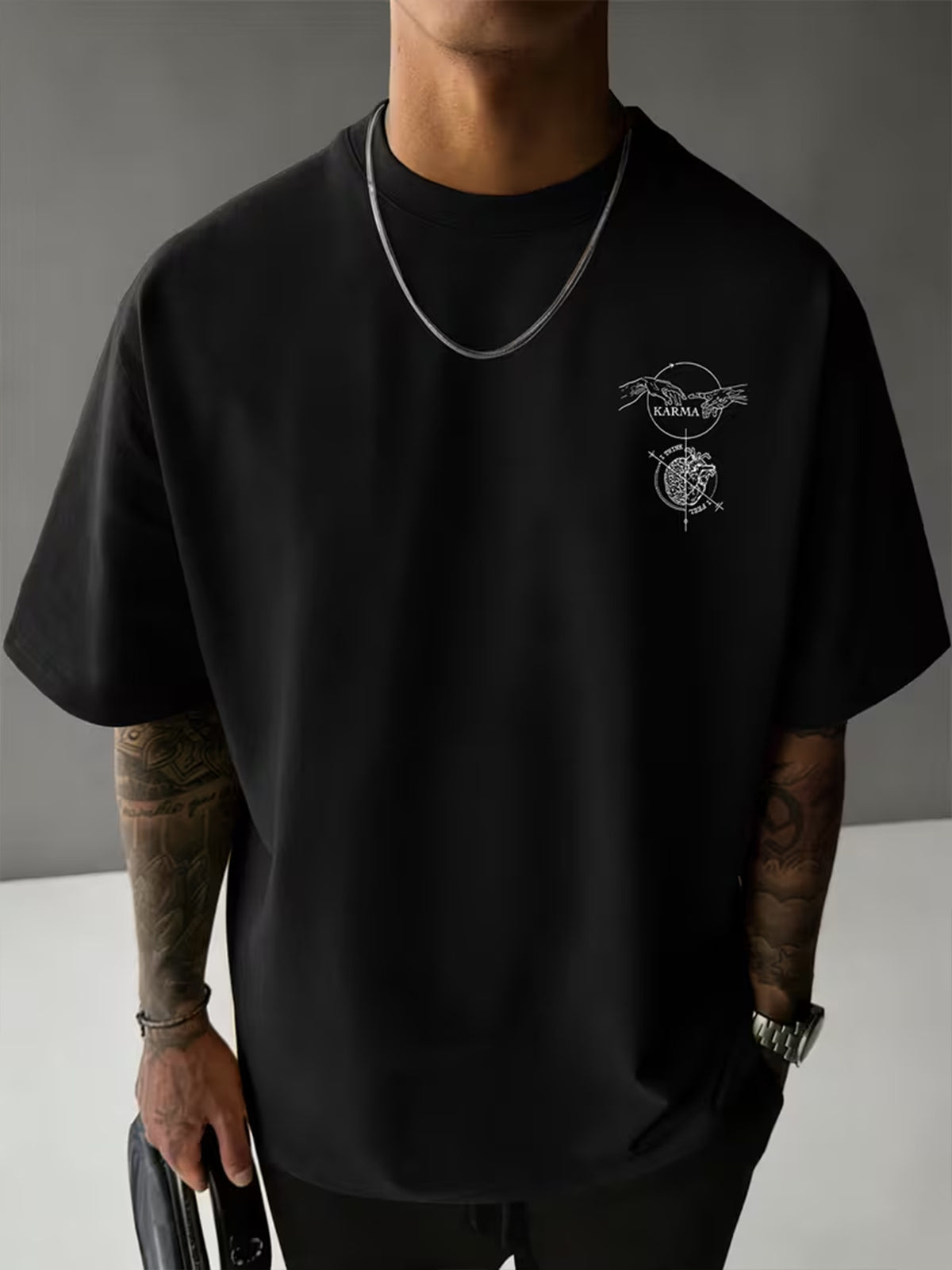 Causal Reincarnation Brain Heart Hand-Drawn Men'S Pure T-Shirt, Front And Back Double-Sided Genesis Hand, Half-Brain Heart Line English Print with Niche Dark Art Atmosphere, 100% Fabric Breathable And Skin-Friendly - Black