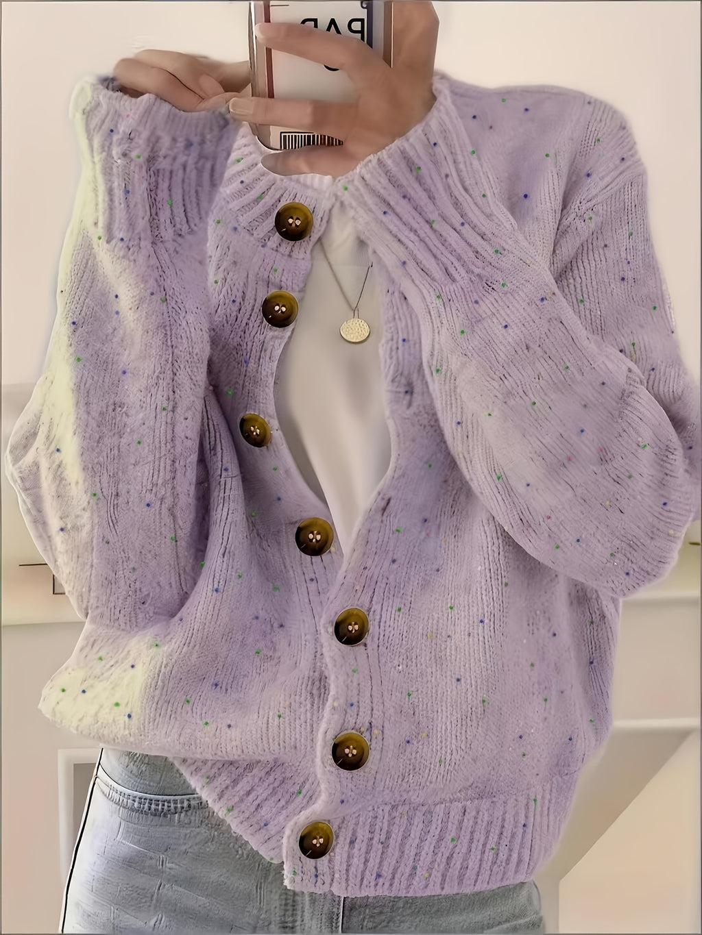 Women's Casual Colorful Button-front Cardigan with Soft Long Sleeves, Round Neck, Light-weight Fashion Candy-colored Dot Pattern, Casual and Elegant Garment | Stretch Fabric Cardigan Suitable for Casual Attire - Lavender Dark Purple