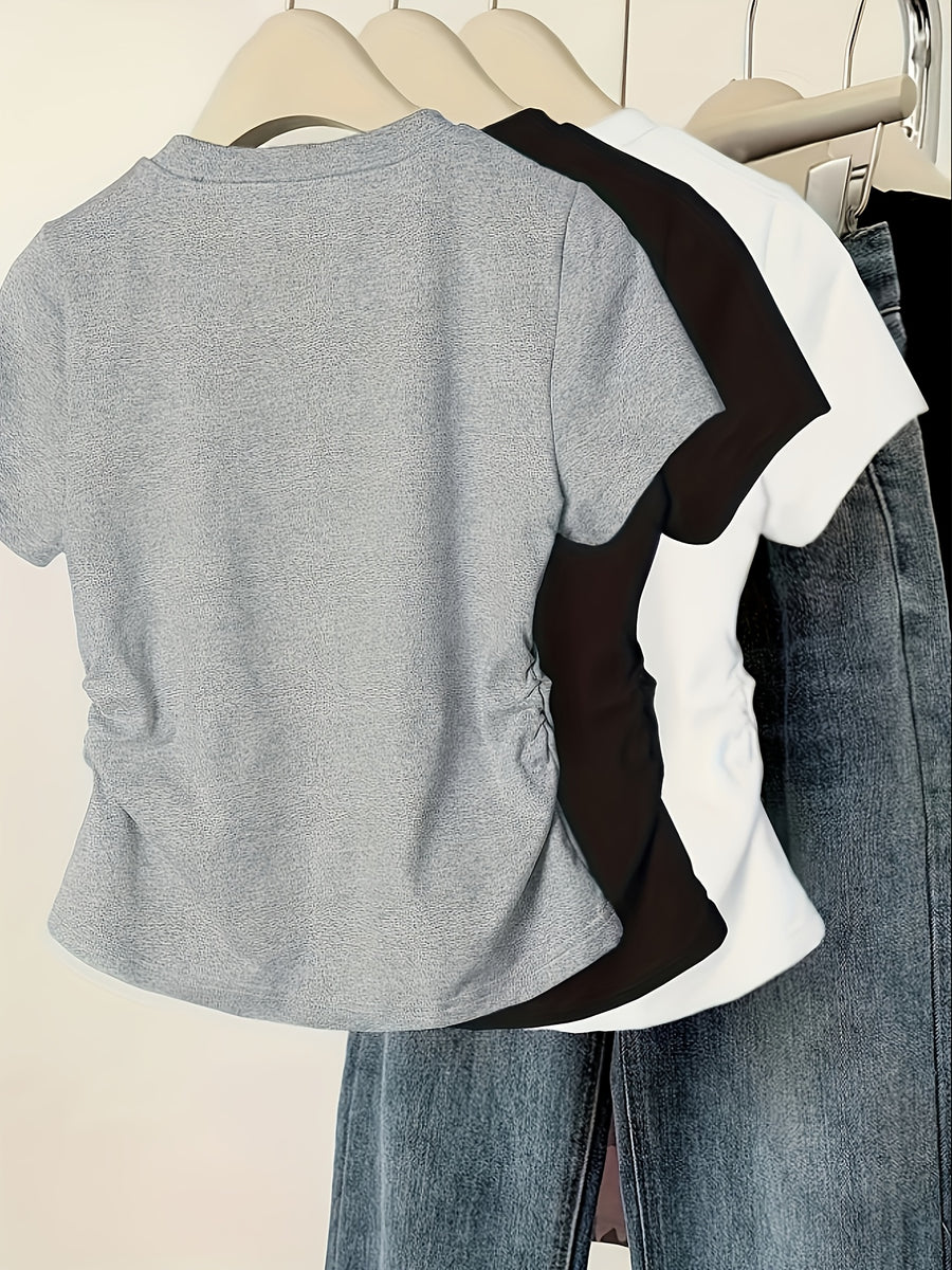 3PCSWomen's Slim-fit Casual T-shirt - Round-neck Short-sleeved Top with Heart-shaped Prints and Ruffled Hem Detail - Black And White Gray
