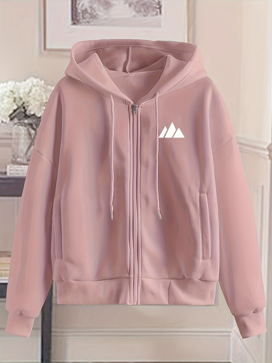Women'S Mountain Print Hooded Zip-Up Sweatshirt, Loose Casual Outwear with Pockets - Peach