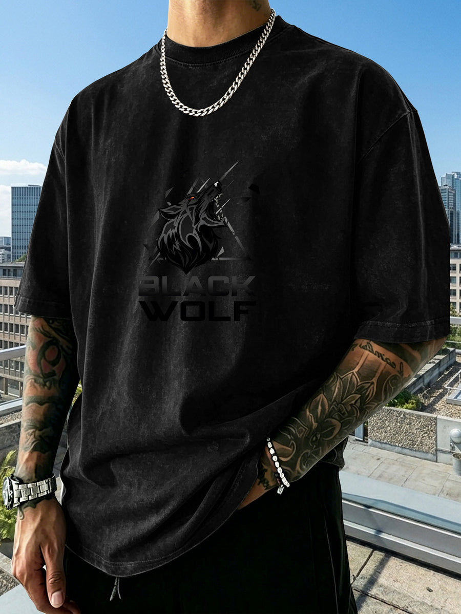 Men's Heavyweight Short-Sleeve Washed Distressed Fashion Print Vintage-Washed Worn Design Streetwear Trendy Distressed Design European and American High Street Style Summer Simple Versatile Gym Workout Sports Top Cotton Breathable - Black