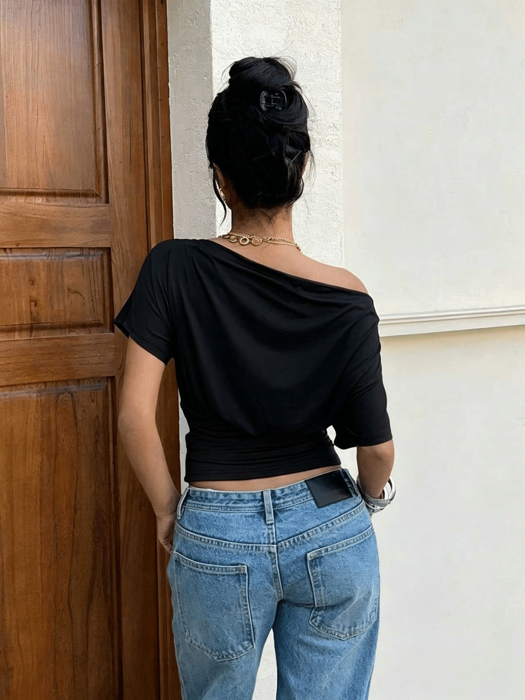 Gauze Off-Shoulder Short-Sleeve Top, Open-Shoulder One-Piece T-Shirt - Black