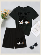 2pcs Women'S Summer Short Sleeve Set - I'M NOT SHORT Fun Penguin Print Short Sleeve And Shorts Outfit, Comfortable, Soft, Breathable Sportswear for Daily Wear, Suitable For, Campus, Valentine'S Day, Women'S Pajamas, Jogging, Fitness - Black+black
