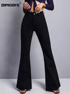 Ladies' 2026 New Stretchy Slim-Fit Flared Jeans, High-Waisted Tummy Control Black Jeans For, Pocketed Washed Solid Color Long Denim Pants, Elegant Women'S Attire, Comfortable Business Casual Trousers Suitable for Travel, Work, And Office Wear - Black