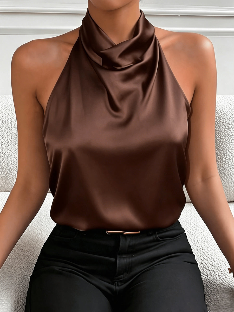 Elegant and Sexy Halter Neck Backless Top, Suitable for Summer Dates, Parties, Commuting, and Casual Fashion. Versatile and High-end, This Short-length Top Accentuates Your Figure with a Vintage Style - Coffee Color