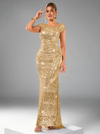 Women's Elegant Sequin Long Evening Gown - High-Waisted Mermaid Backless Formal Dress with Asymmetric One-Shoulder Neckline, Long Sleeve Sparkling Party Wedding Guest Gala Concert Dress, Mermaid Dress - Golden