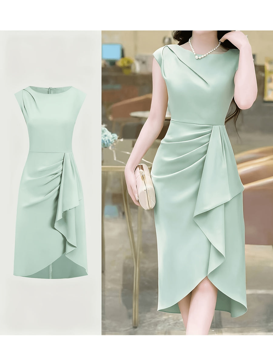 Spring-Summer Pleated Asymmetrical Elegant Design Women's Dress Gown - Mint Green