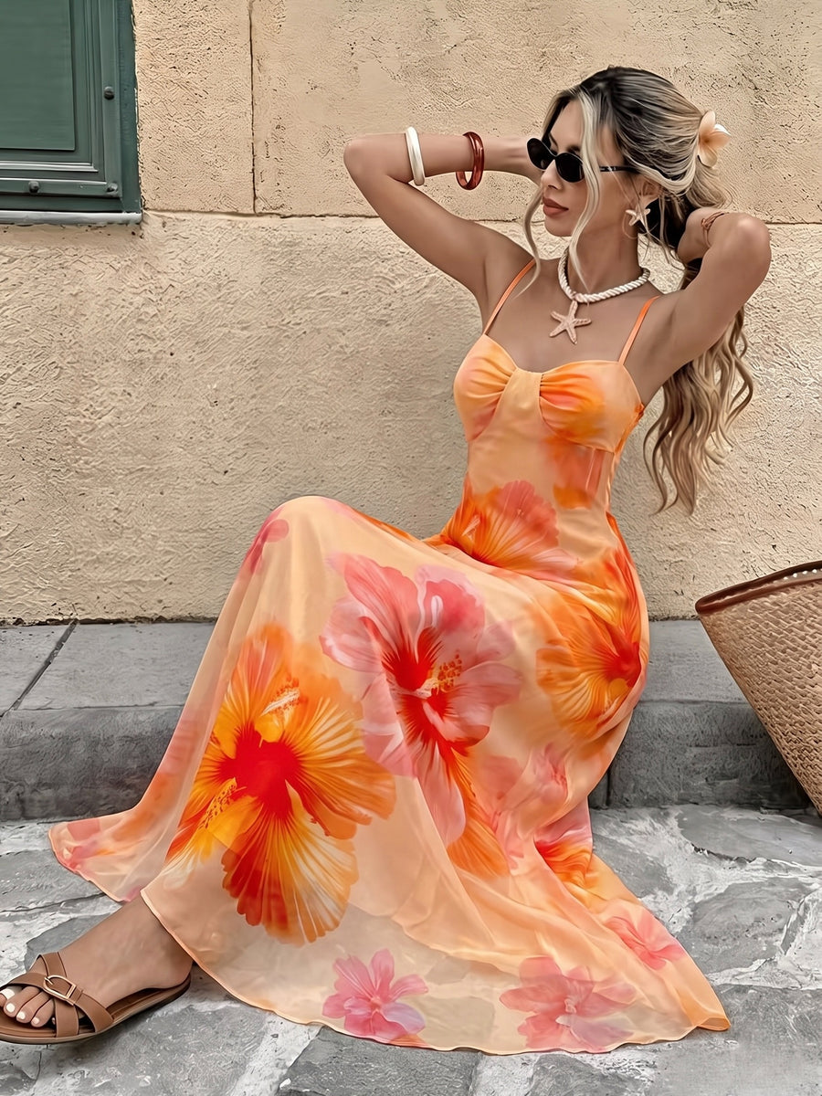 Women's New Spring/Summer Casual Date & Vacation Style Floral Print Spaghetti Strap V-Neck Waist-Cinching Elegant Dress - Mixed Color 2