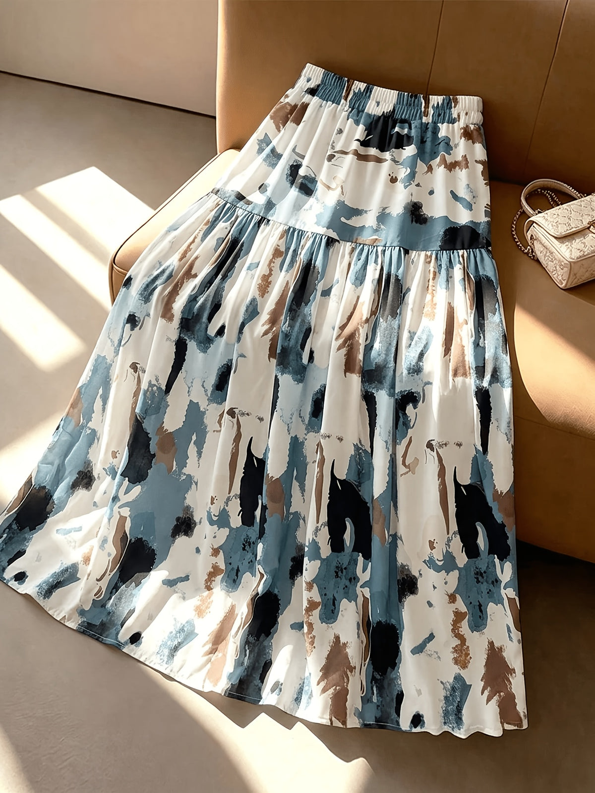 Women's Summer Multi-Color Printed Stretch Waist Patchwork Flared Maxi Dress, Elegant and Graceful, Suitable for Valentine's Day Carnivals, Labor Day Outings, Back-to- Season, Teacher Attire, Formal Occasions, Gift-giving, Date Outfits - Multicolor