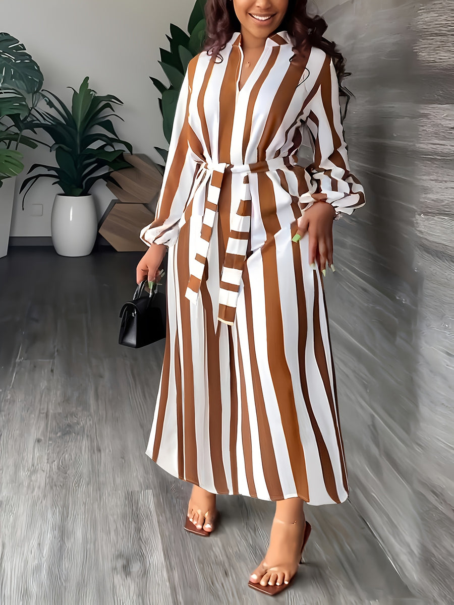 Striped Print V-Neck Dress | Long Sleeve, Belted, Casual Style, Suitable for Spring/Fall - Amber