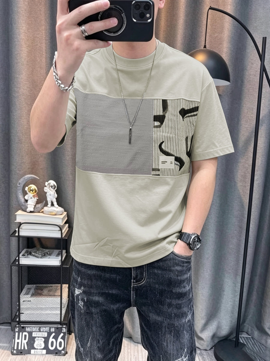 Men'S Random Print Short-Sleeve T-Shirt Summer New High-End Half-Sleeve Body Shirt Round Neck Leisure Dressing Men'S Clothing Trend - Ivory White
