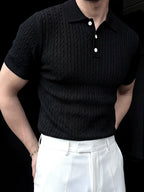 Men's Old Money Style Twisted Cable Vertical Stripe Thin Knit Short Sleeve Business Casual Solid Color Lapel Versatile T-shirt - Black